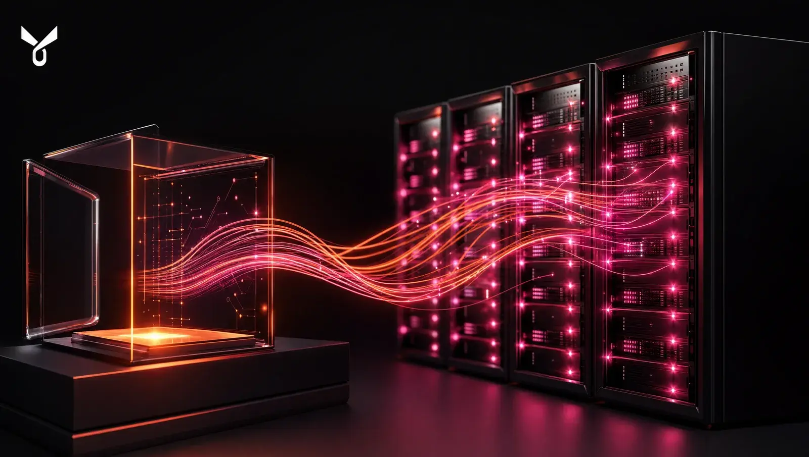 Illustration 3D sombre : un flux lumineux orange et magenta s'échappe d'un cube de verre entrouvert et s'infiltre dans une rangée de serveurs, symbole d'une IA sortant de son environnement de test